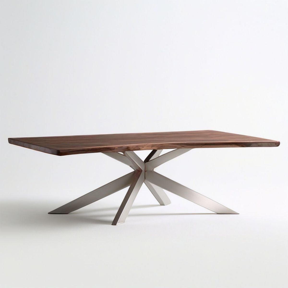 Rechteckiger Tisch aus Nussbaum-Massivholz mit Baumkante und Edelstahlgestell, 220 × 100 × 75 cm, Nussbaum/Silber