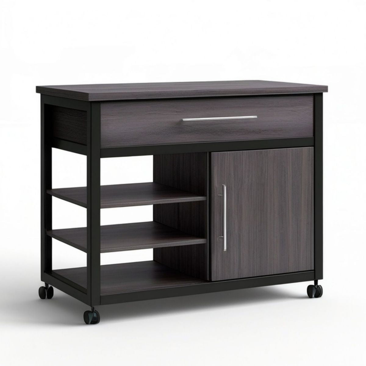 Küchen- und Servierwagen mit Schublade, Schrank und 3 Ablagen, 90 x 45 x 90 cm, Dunkelbraun/Schwarz