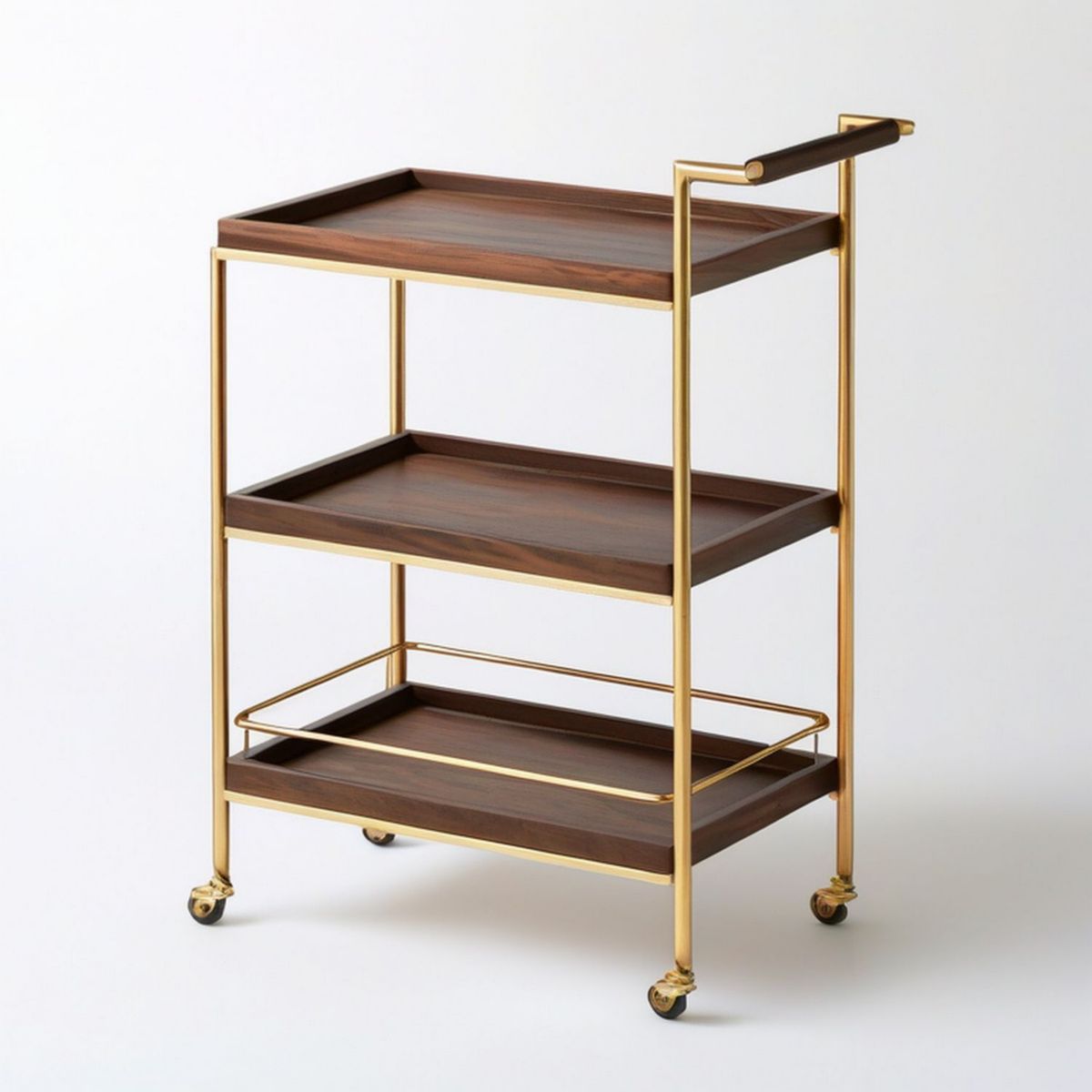 Rollwagen mit 3 Ablagen, Flaschenhalter und Rollen, Nussbraun/Gold/Schwarz, 70 x 45 x 90 cm