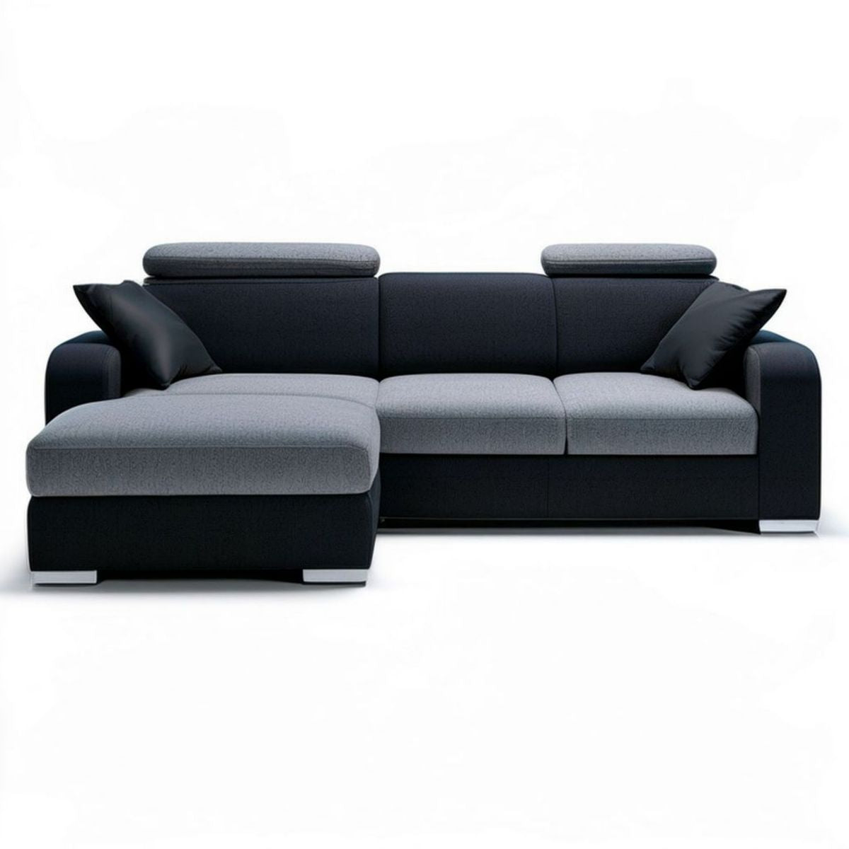 Ecksofa in L-Form mit linker Recamiere, 270 x 170 x 92 cm, Schwarz/Grau/Silber