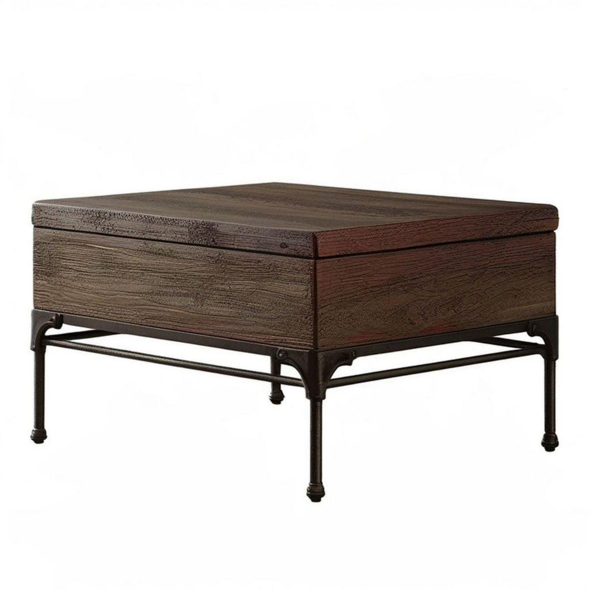 Rechteckiger Couchtisch mit Stauraum aus Massivholz und Stahl, Dunkelbraun/Schwarz, 120 x 60 x 45 cm