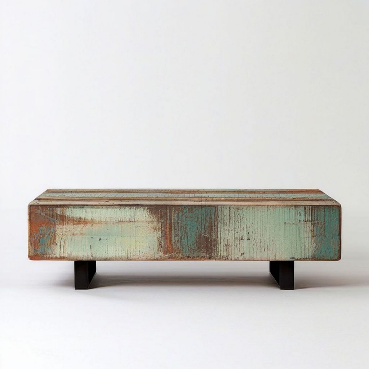 Rechteckiger Massivholz-Couchtisch in Grün, Braun und Türkis mit schwarzen Stahlfüssen, 120 x 60 x 40 cm