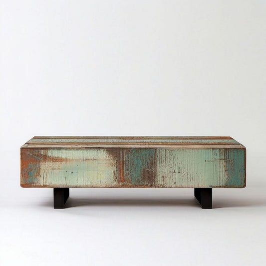 Rechteckiger Massivholz-Couchtisch in Grün, Braun und Türkis mit schwarzen Stahlfüssen, 120 x 60 x 40 cm