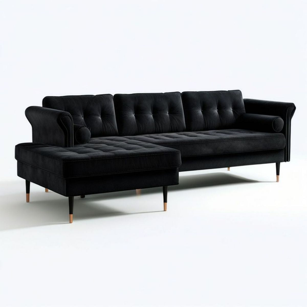 L-förmiges Ecksofa mit linker Recamiere, 260 x 160 x 85 cm, Schwarz mit naturfarbenen Akzenten