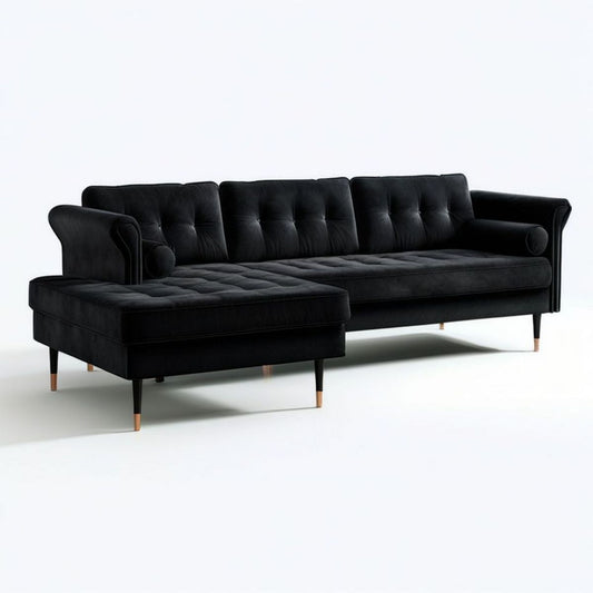 L-förmiges Ecksofa mit linker Recamiere, 260 x 160 x 85 cm, Schwarz mit naturfarbenen Akzenten